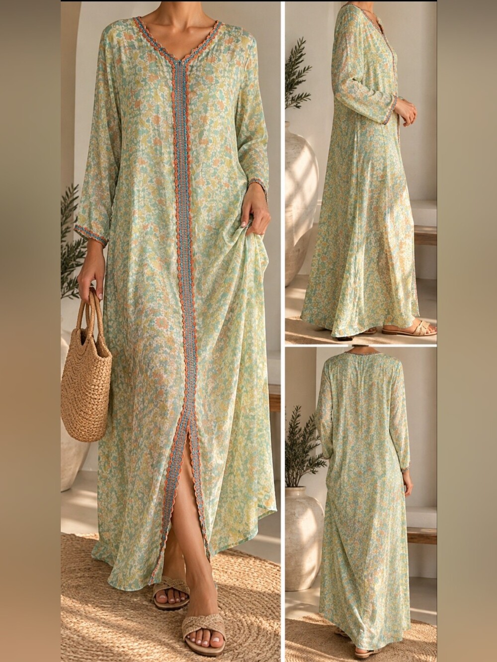 Kashkha Mint & Peach Embroidered Neck Kaftan